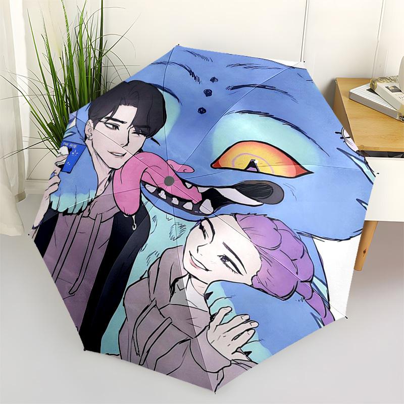 

1pc Outdoor Umbrella with Cute Monster and Couple Print - Automatic Opening/Closing, Portable Tri-Fold Design, 8-Rib Iron Frame - Perfect Gift fo