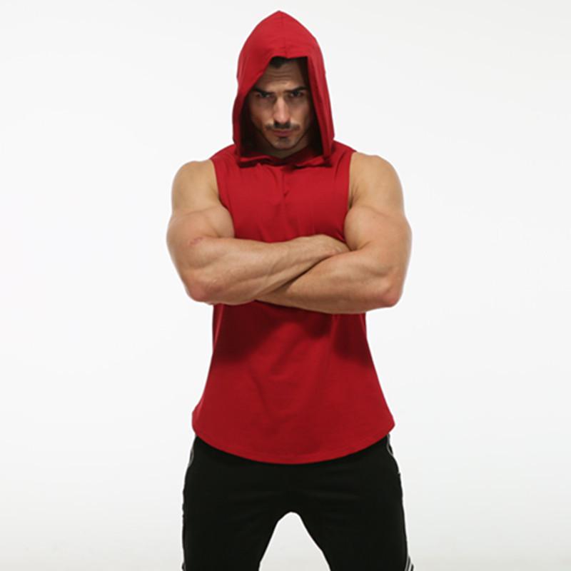 Men's Sleeveless Hooded Fitness Sweatshirt with Elastic Round Hem