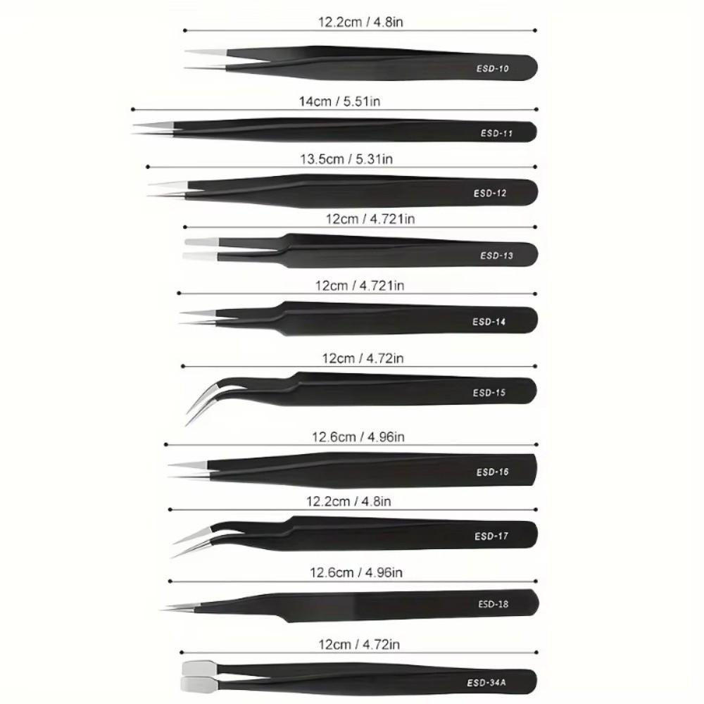 9/10/11Pcs Stainless Steel Antistatic Tweezers Anti-Static Electronic Tweezers  Mobile Phone Repair