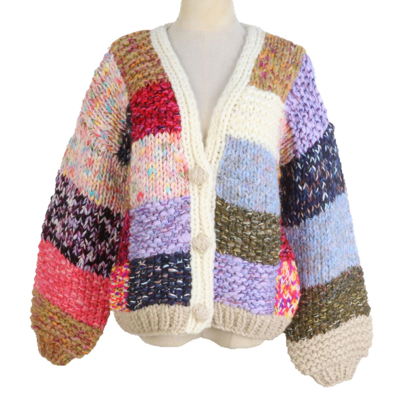

Colorful V-Neck Color Block Women s Cardigan - Cozy Thick Knit for Autumn and Winter Large