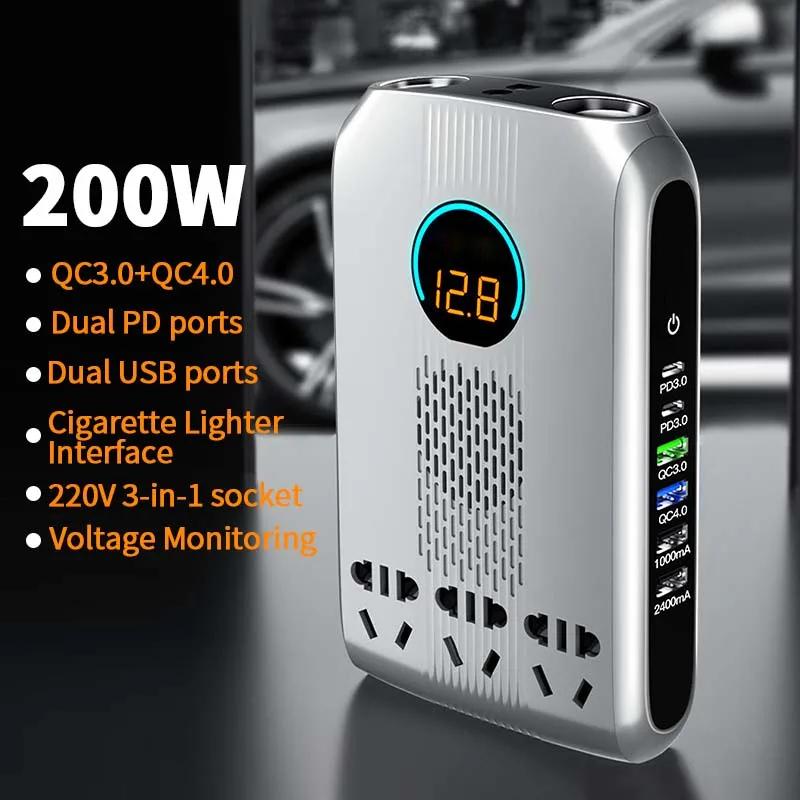 BUWEI New Car Inverter DC 12V/24V to AC 220V All in One USB Car Charger QC3.0/4.0 PD3.0 Fast Charging 3-Sockets Power Adapter
