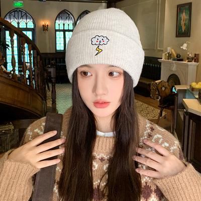 Cartoon Embroidered Woolen Hat for Women In Winter Simple and Versatile Warm and Ear-protecting  Cold Hat with Big Head Circumference and Small Face