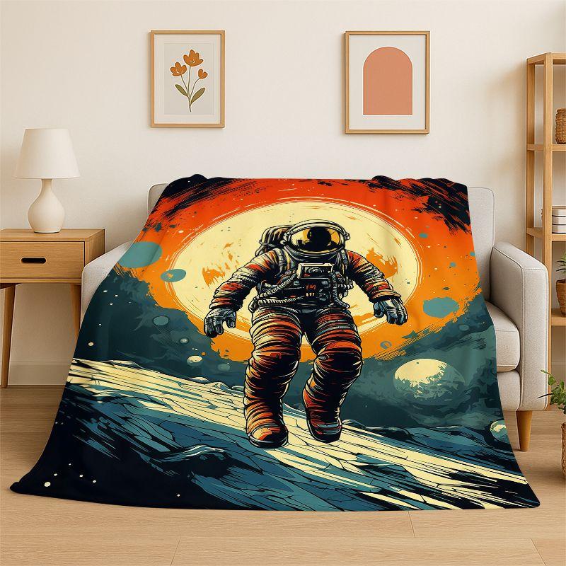 Cartoon Astronaut Spaceman Planet Flannel Blanket Soft Throw Blanket for Bedroom Living Room Bed Travel Camping Nap Cover Gift