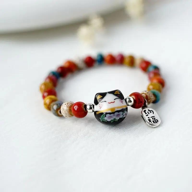 Fashion Cute Cat Bracelet For Girls Adjustable Colorful Beaded Bracelets Harajuku Ceramics Anime Pendant Charm Bracelets Jewelry