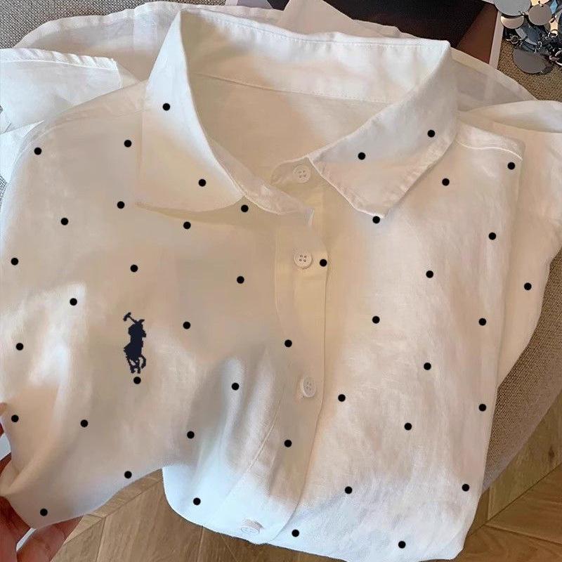 Korean Style White Polka Dot Lapel Loose Long Sleeve Shirt for Women - Early Autumn College Chic