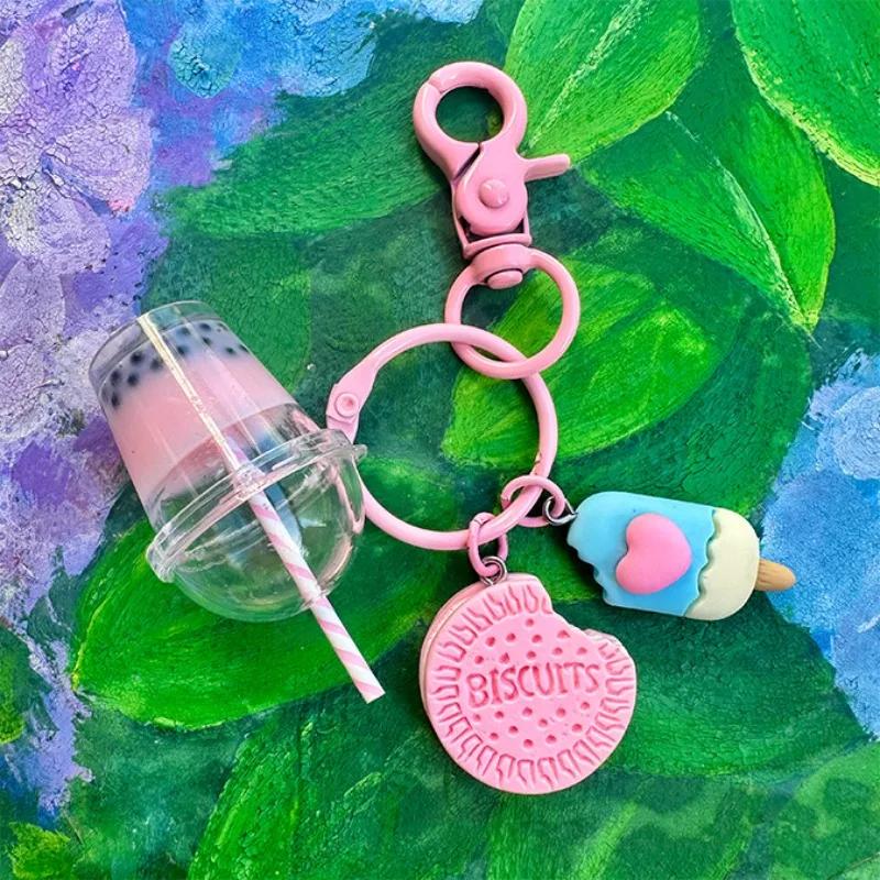 Niedlicher Auto-Schlüsselanhänger, Eiscreme, Bubble Tea, Keks, rosa, Schlüsselanhänger für die beste Freundin, Frauen, Mädchen, Tasche, Geschenk, Schmuck, Zubehör, Initiale