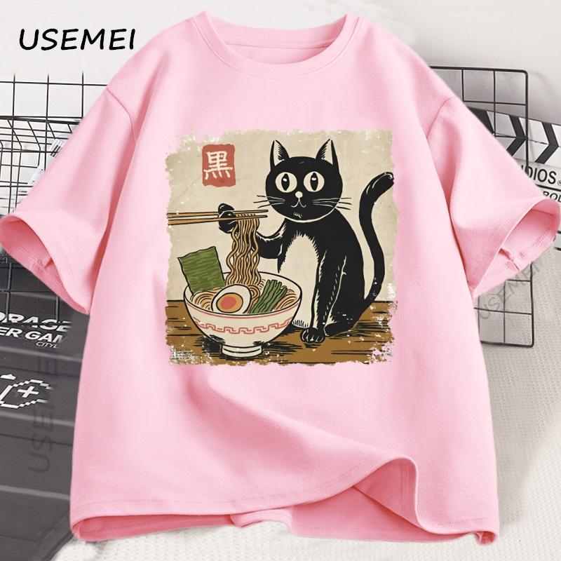 Funny Black Cat Ramen T-shirt Men Women Japanese Graphic Tees Kawaii Cat Anime Print T Shirt Casual Short Sleeve Mens Clothes