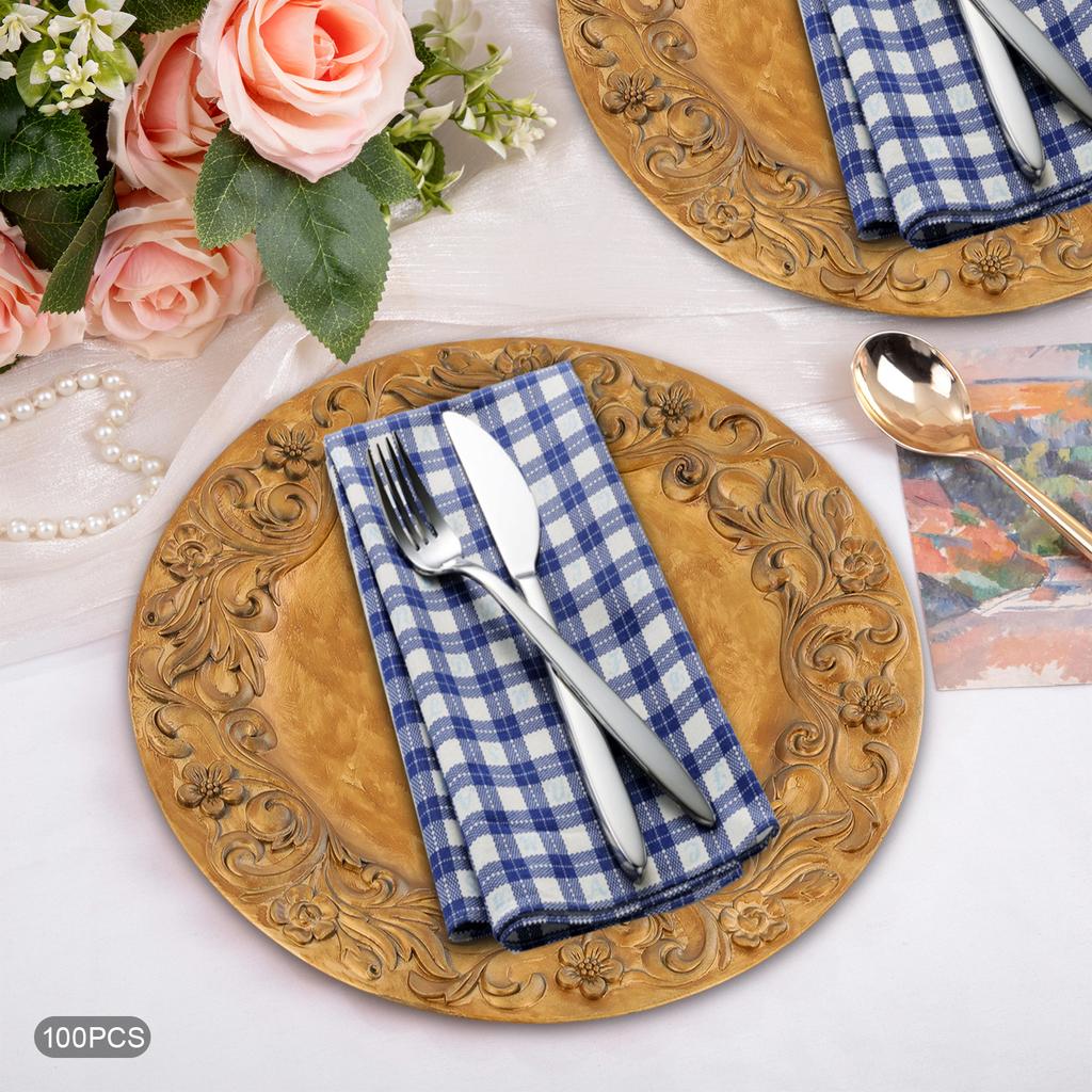 100 Pcs Gold Plastic Antique Charger Plates, 13inch Embossed Rim Reusable for Christmas Halloween Wedding Party Table Decoration
