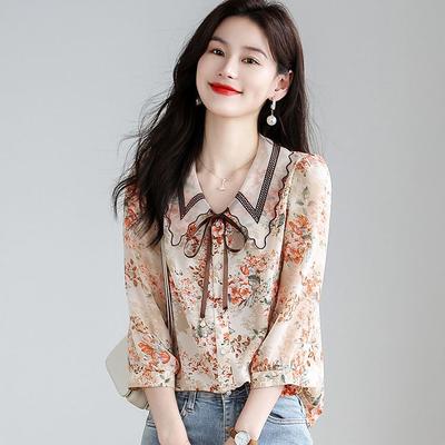 Camisa de chiffon floral para mulheres na primavera e no outono, blusa única com mangas de sete quartos