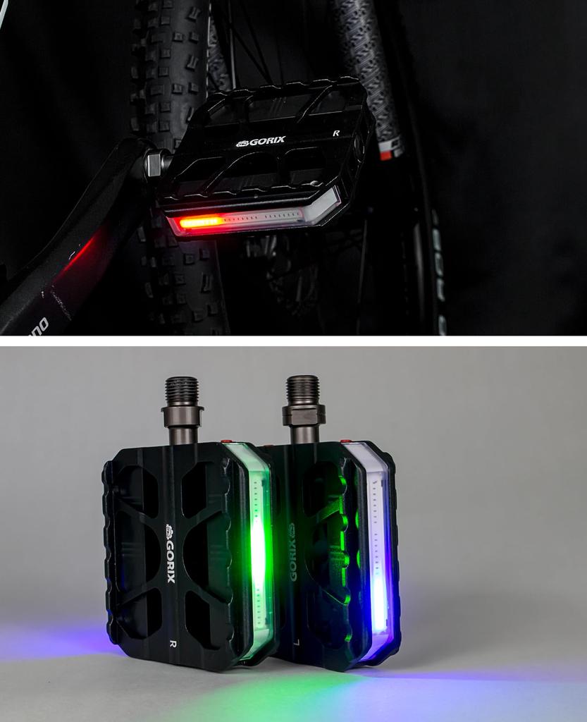 GORIX Bicycle Pedal LED Flat Pedal 3 Bearings Aluminum Pedals Compatible with Road Cross MTB and Other Commuting to Pedal Replacement [With Light]