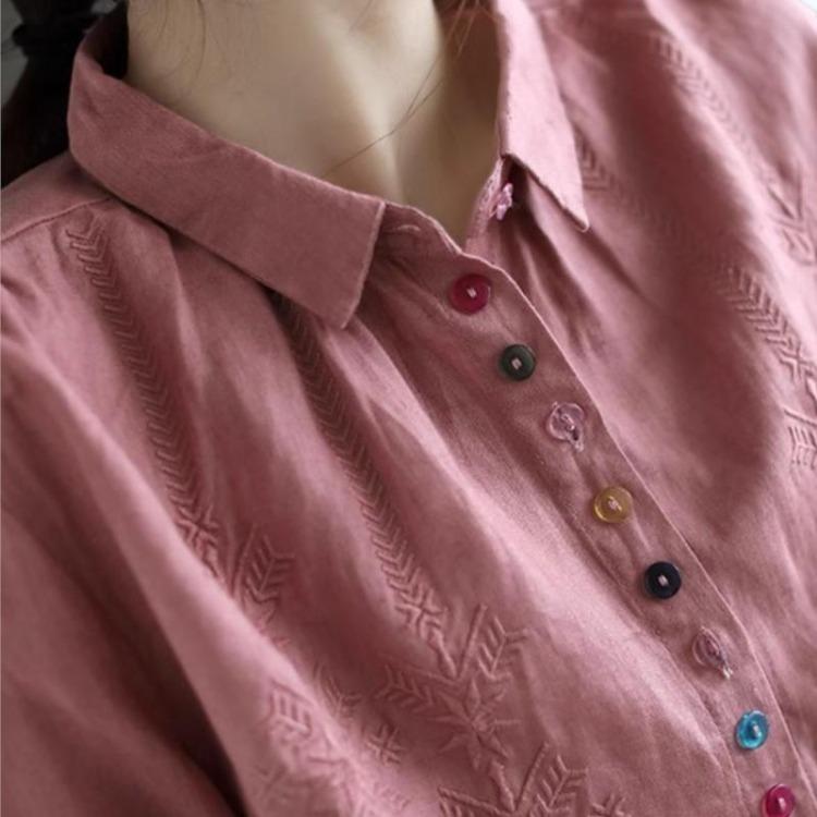 Spring Floral Embroidery Blouse Women Long Sleeve Solid Color Button Shirt Turn Down Collar