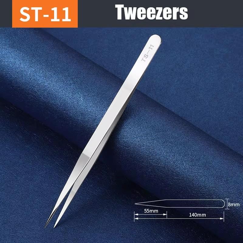 

Anti-Static Stainless Steel Tweezers Precision Maintenance Professional Industrial Repair Curved Hand Tools Electronic Tweezers ST-11