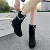 Fashion Luxury Pearl Chain Decoration Mid Calf Boots Women Autumn Sexy Solid Black Suede Boots Comfort Round Toe Medium Heel Booties