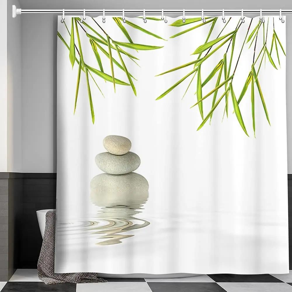 

Шторка для душа Spa Zen, Зеленый лист, Дзен-камень, Бамбук, Дизайн для медитации, Тканевый набор штор для ванной, Зеленые и белые шторы для ванны W90XH180cm