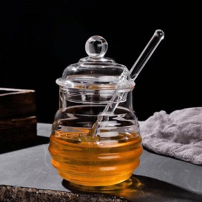 1/2set Glass Honey Jar with Lid & Stirring Rod 300ml Heat-Resistant Honey Pot for Serving Syrup Sugar Storage Home Kitchen Essen