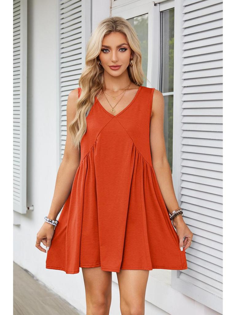 2025 European & American Women's V-Neck Sleeveless Pleated Pocket Dress - Spring/Summer Trend