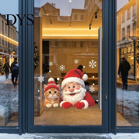Holiday Glass Decals Christmas Santa Cat Window Sticker, Snowflake Xmas Decal, Waterproof Claus Stickers Self-Adhesive Decor for Balcony Storefront