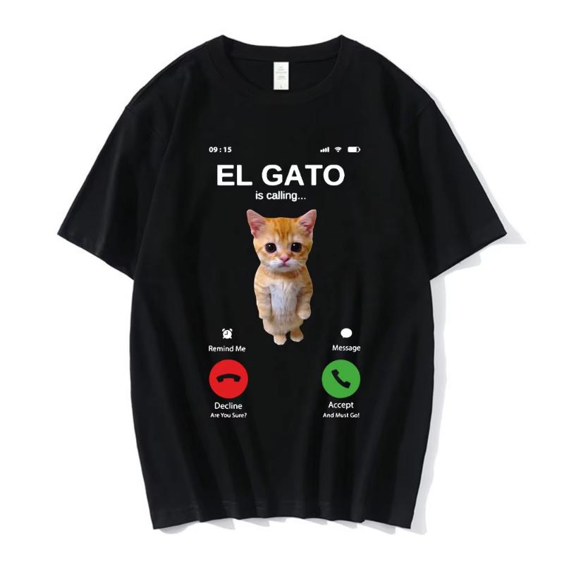 El Gato Is Calling Sad Crying Cat Munchkin Kitty T Shirt Fashion Short Sleeves T-shirt Streetwear Unisex