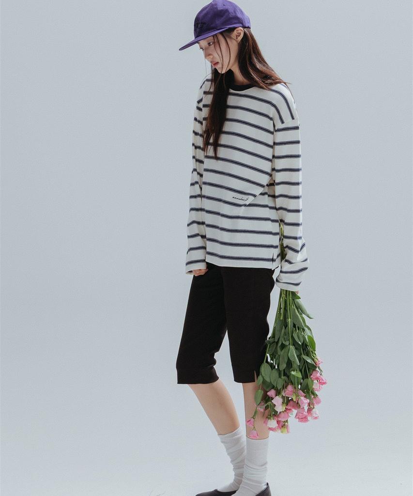 ANNEHEARTS Round Neck Stripe Tee_Ivory