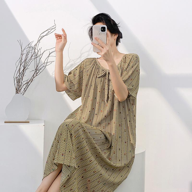 Cotton and Silk Nightgown Women's Summer Short-sleeved Thin New Chinese-style Printed Pajamas Internet Celebrity Live Broadcast Large Size Spring