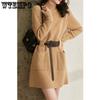 Mid-length French Long-sleeved Knitted Dress for Women's Autumn and Winter Solid Color Loose Cinched Waist Sweater Dress
