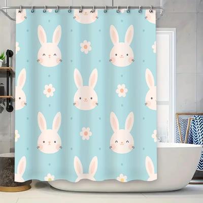 Cute Rabbit Print Shower Curtain Bath Decor Blue Fabric Home Decoration 60x72 Inches (152cm X 183cm) White Flowers Set Of On