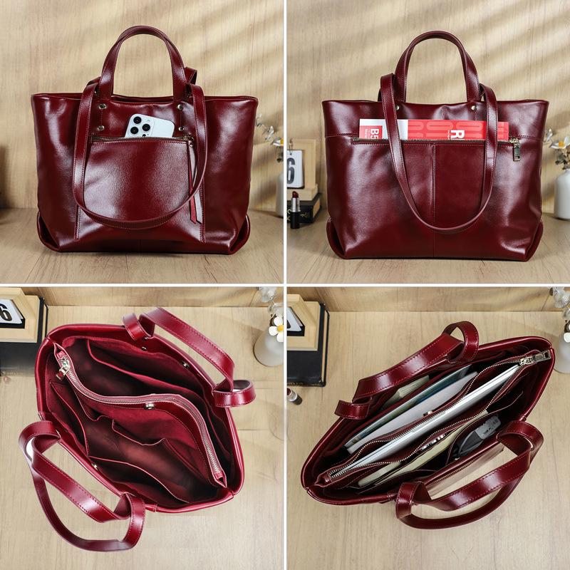 Women's Full-Grain Cowhide Large-Capacity Handbag - Genuine Leather, Business Commuting, 14-Inch Laptop Bag, Single-Shoulder Design.