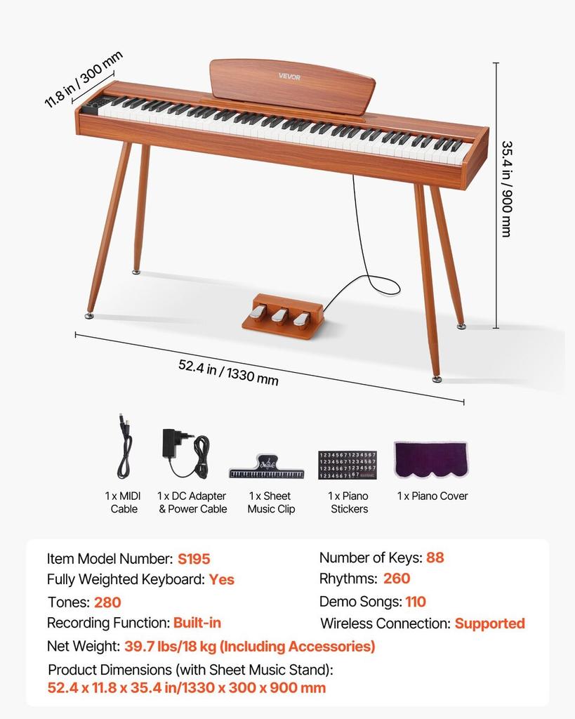 Weighted Digital Piano, 88 Keys Fully Weighted, Electric Piano Keyboard with Sheet Music Stand, Triple Pedal, Power Adapter, 280 Tones, Support