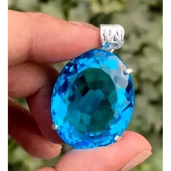 56 Ct Natural Topaz Blue Oval Cut 925 Sterling Silver Certified Gemstone Pendant