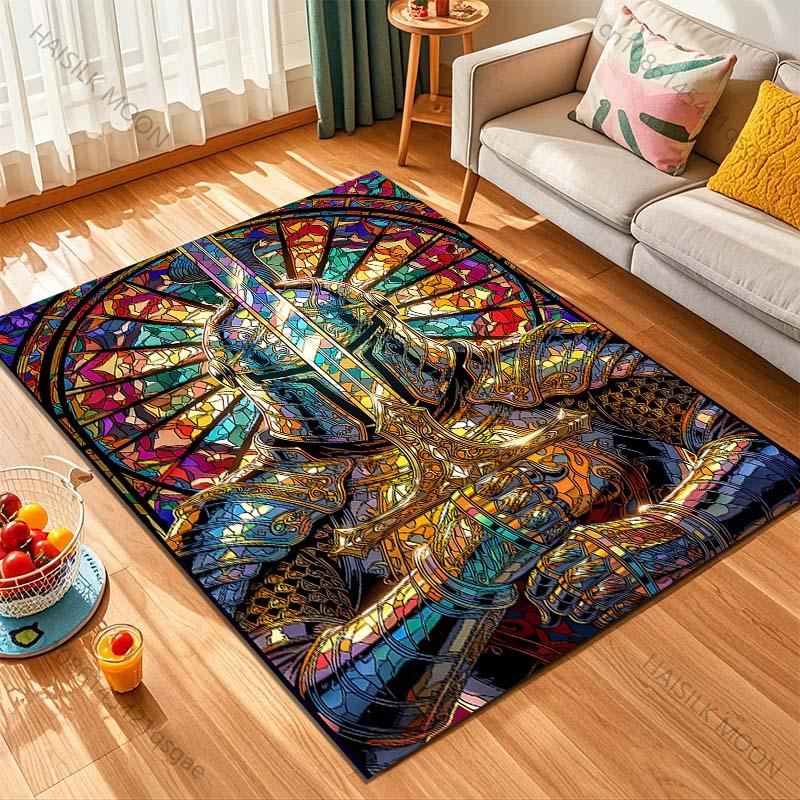 1PC Stained glass knight sword Print Carpet Rug for Living Room Bedroom Sofa Doormat Home Decor Non-slip Floor Mat