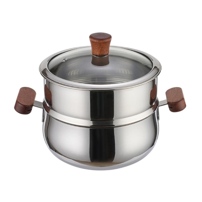 Premium 304 Stainless Steel Double Layer Steamer Pot with Wood Handle Suitable for Efficient and Even Cooking Experience
