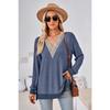 Herbst und Winter Damenbluse mit V-Ausschnitt, Spitze, einfarbig, lockere Langarm-Tops
