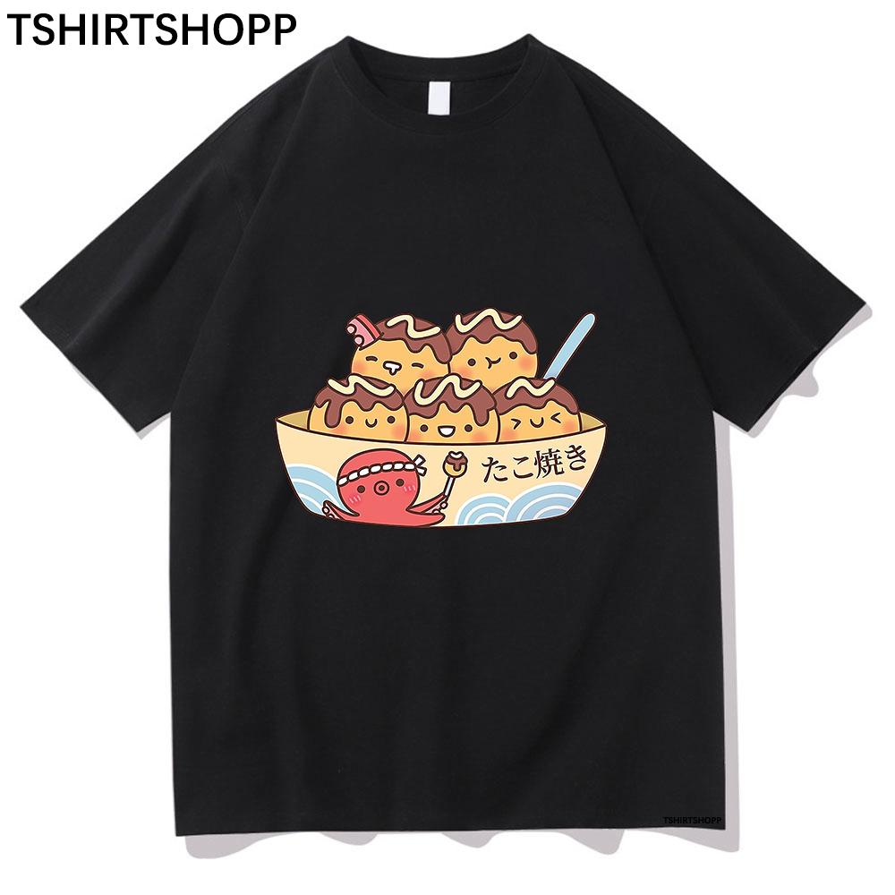 2024 Kawaii Japanese Food Takoyaki Octopus Balls T Shirt WomenUnisex Harajuku Aesthetic Graphic TShirt Unisex Casual Cotton Tees S