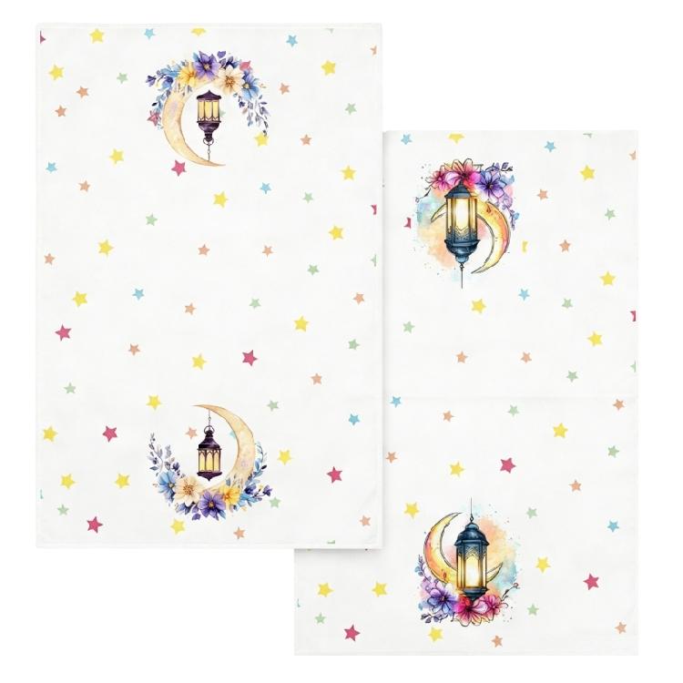 

2Pcs Decorative Eid Moon Floral Watercolor Microfiber Towels Islamic Festive Design Absorbent Kitchen Cleaning Cloths 1