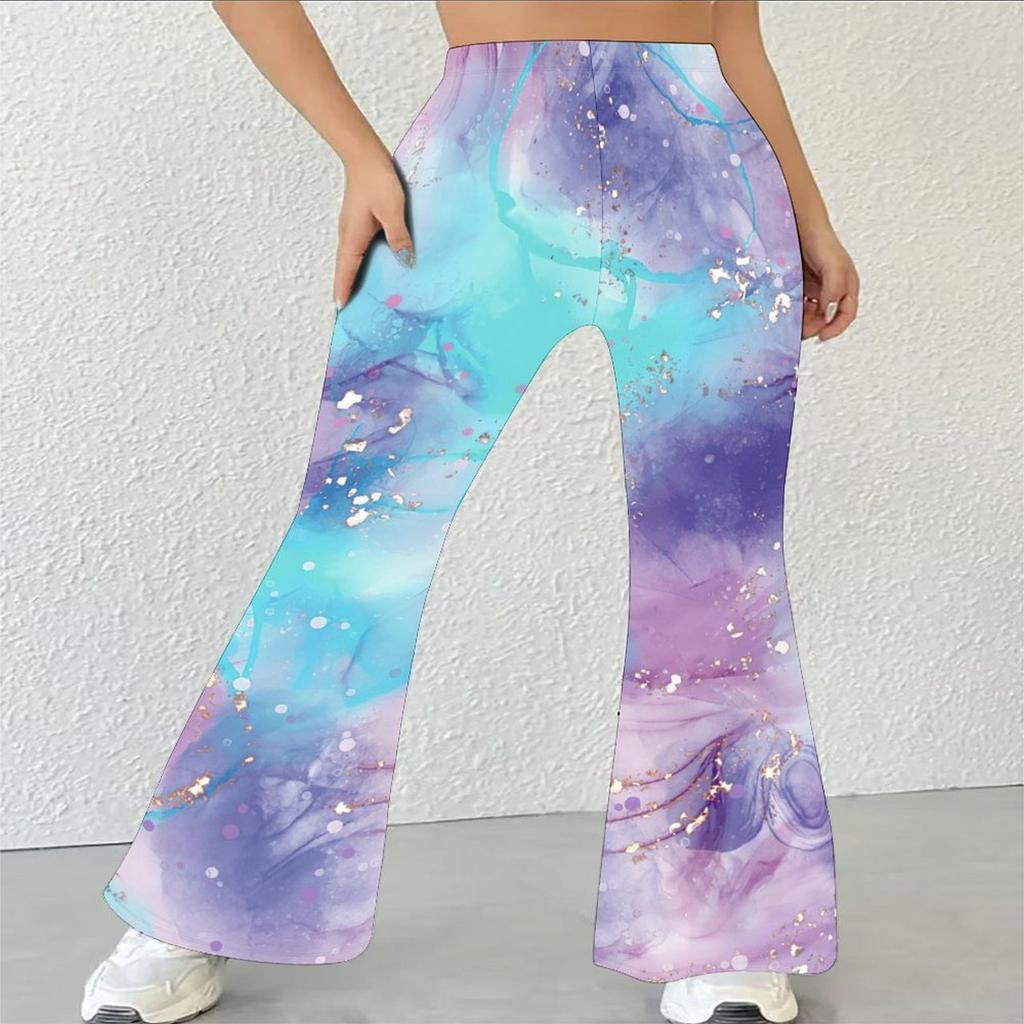 Women's Casual High Waist Flare Pants, Marble Print Streetwear Bell Bottom Trousers