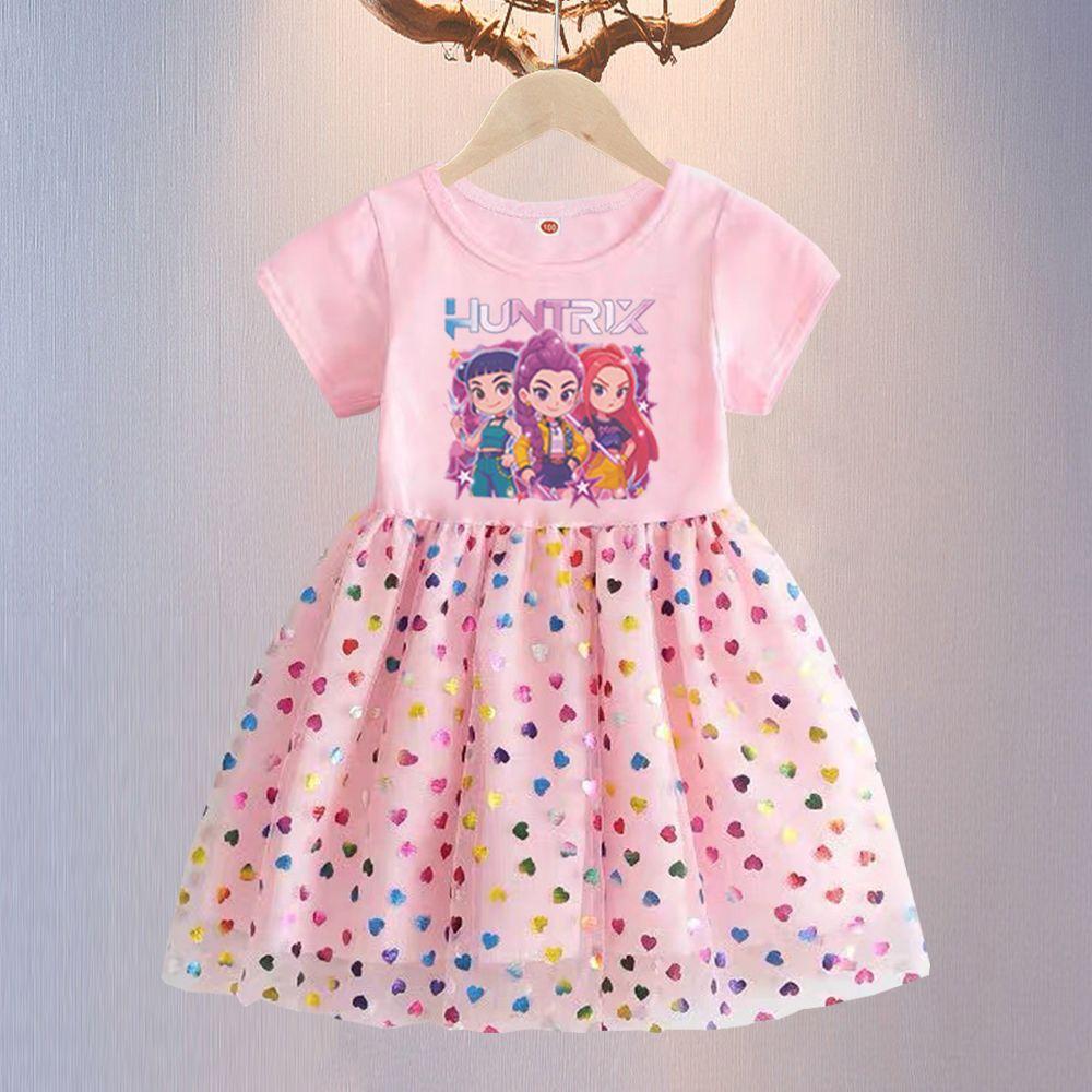 Moda dla dziewczynek K-Pop Łowcy Czarownic Grupa Sukienka Letnia Dziecięca Krótki Rękaw Tęczowa Księżniczka Tiulowa Sukienka