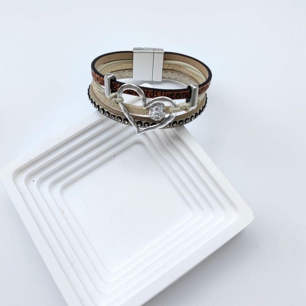 Multilayer Rhinestone Leather Bracelet Gothic Three Layers Bracelet Fashion Heart Bracelet  Female