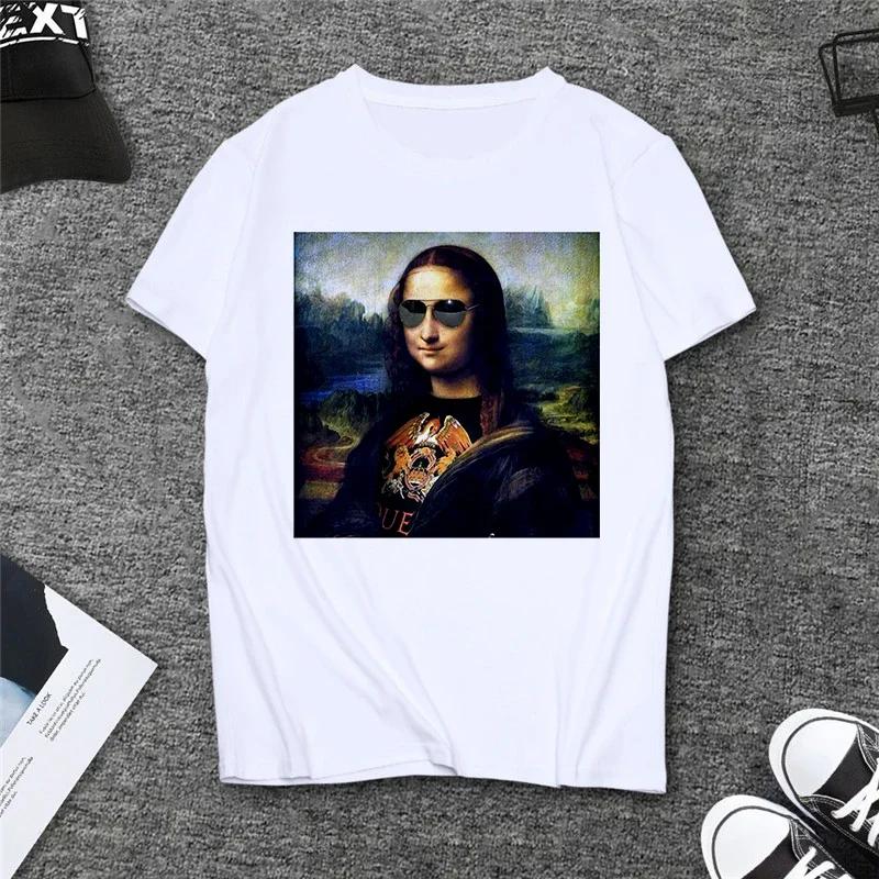 Verão Paródia Mona Lisa Bebendo Cerveja Estampa Camisetas Mulheres Estética Engraçado Casual Mangas Curtas Tops Feminino Mangas Harajuku