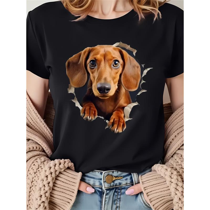 European sizes Women's Casual Short Sleeve T-Shirt with Playful Dachshund Peeking Through Torn Hole Graphic - Soft Stretch Polyester