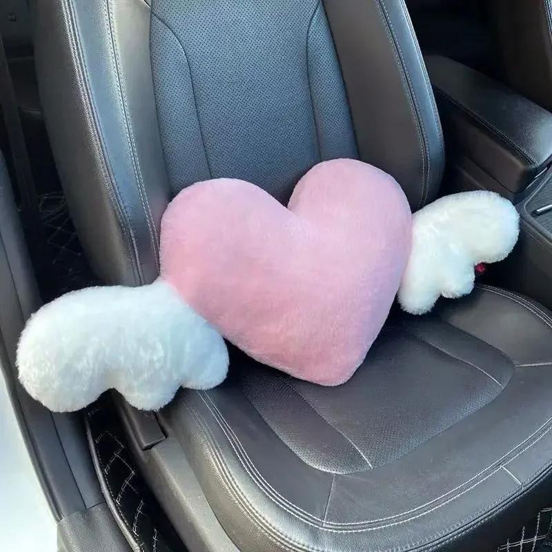 Love Wings Heart-Shaped Plush Car Headrest Neck Pillow Soft Cute Kawaii Car Seat Accessory - Unique Auto Interior Cushion