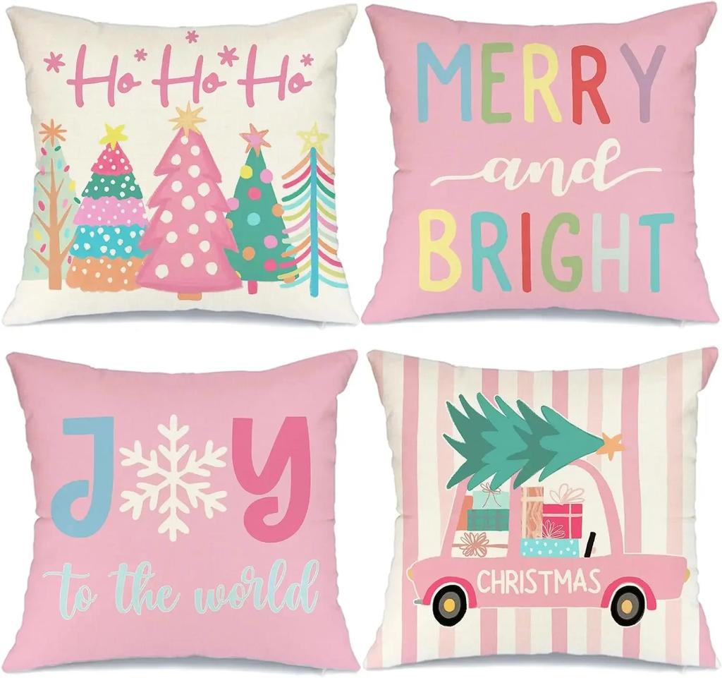Pink Christmas Throw Pillow Covers 18x18 Inch Set of 4 Striped Truck Xmas Trees Farmhouse Holiday Cushion Cases for Home Decor