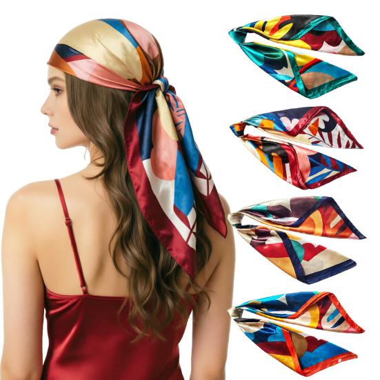 yangyizhi Large Square Headscarf, Simulated Silk Satin Fabric Scarf, Vibrant Floral Print Neck Multi-Purpose Turban Scarf Shawl Hair Tie