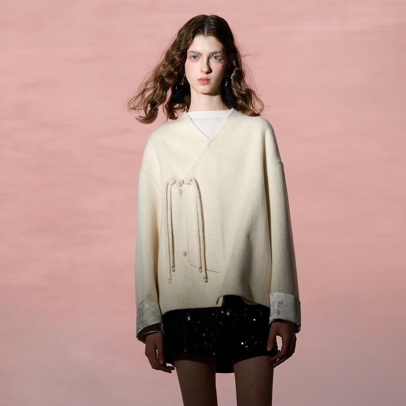 Sancai Women's 2025 Winter Short Double-faced Wool V-Neck Coat