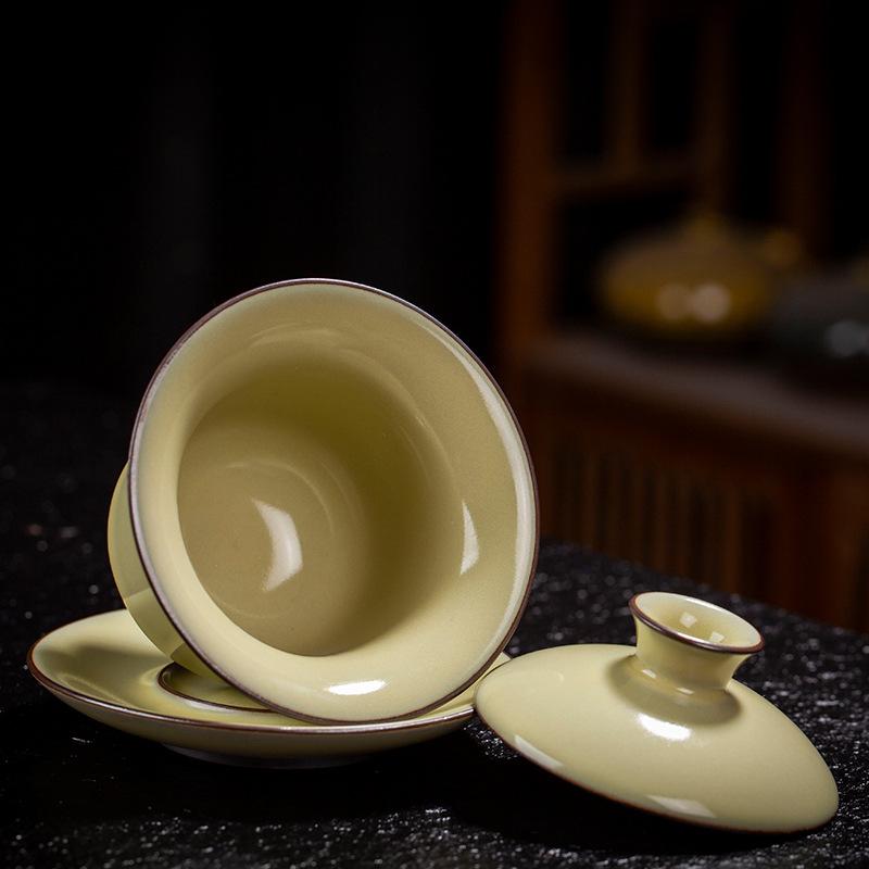 Ceramic iron-core Huangru kiln gaiwan, cracked slice can nurture the Three Talents, tea bowl, brewing tea bowl, offering tea bowl, household tea set