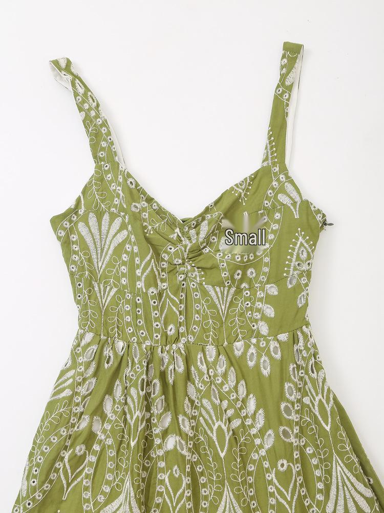 2025 Summer Women's European and American Style Hollow-out Embroidery Midi Dress with Spaghetti Straps