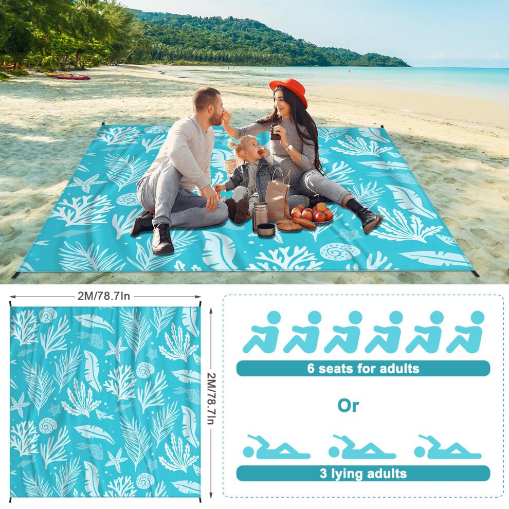 Beach Blanket, Sand-Free, 210 x 200 cm, Picnic Blanket, Waterproof, Comfortable 210D Nylon, Foldable Beach Mat, Beach Towel for 1-4 People,