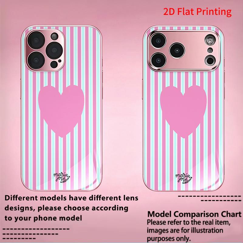 2DFlat electroplated tempered glass phone case,Pink Heart on Pastel Stripes,suitable for iPhone 18 Pro Max 17 16 15 14 13 12 11