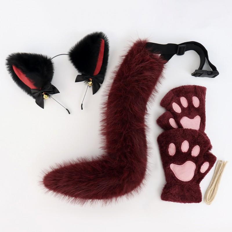 Cat Ear Headband With Bell Set Kawaii Paw Gloves Tail Accessory Cosplay Party Costume