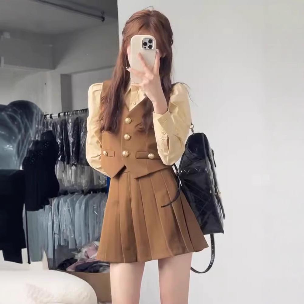 Women's British College Style Autumn Suit: Striped Shirt, Vest, and Pleated Skirt Three-Piece Set