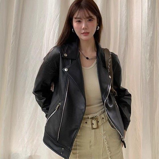 Women's Hong Kong Style Retro PU Leather Coat, Spring and Autumn Motorcycle Jacket